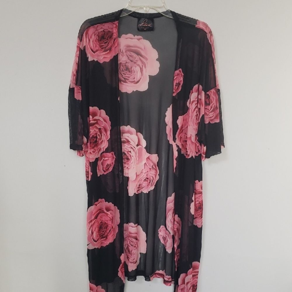 Kimono Love Maternity Womens OS Floral Sheer Black Open Tunic Dark Romantic
